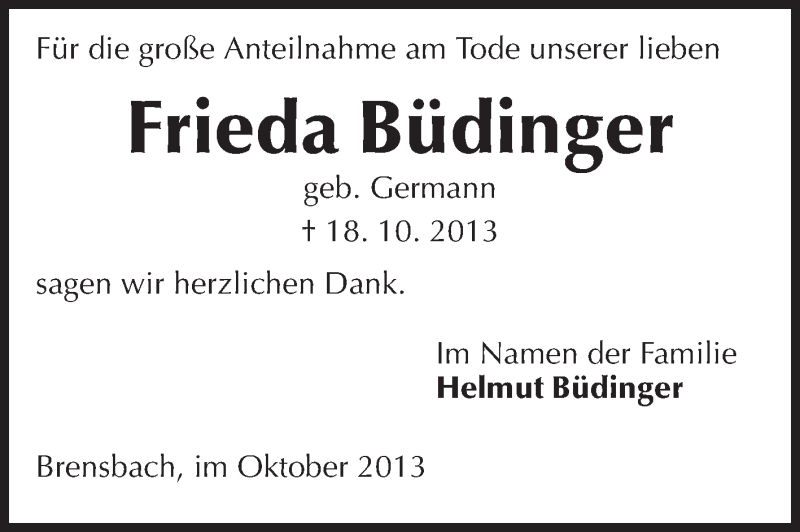  Traueranzeige für Frieda Büdinger vom 31.10.2013 aus Echo-Zeitungen (Gesamtausgabe)