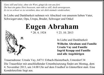 Traueranzeige von Eugen Abraham von Odenwälder Echo