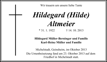 Traueranzeige von Hildegard Altmeier von Odenwälder Echo