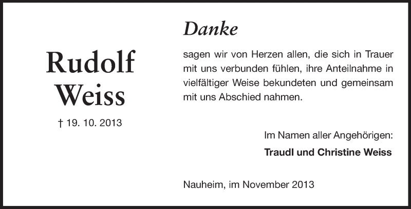  Traueranzeige für Rudolf Weiss vom 02.11.2013 aus Rüsselsheimer Echo, Groß-Gerauer-Echo, Ried Echo
