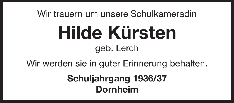  Traueranzeige für Hilde Kürsten vom 02.11.2013 aus Rüsselsheimer Echo, Groß-Gerauer-Echo, Ried Echo