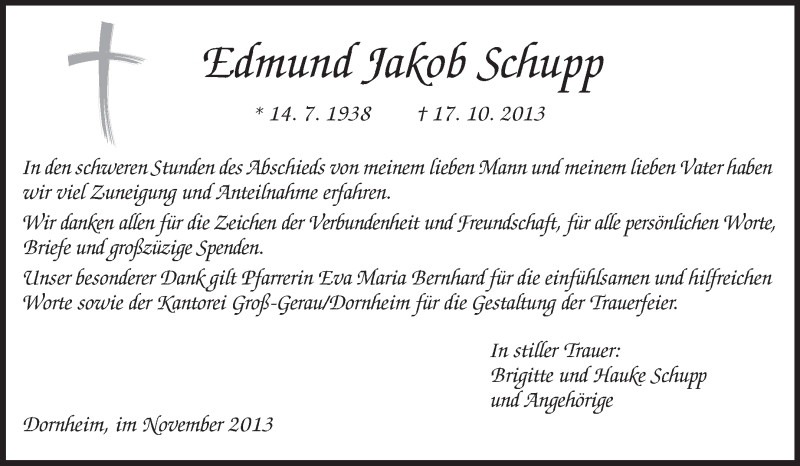  Traueranzeige für Edmund Jakob Schupp vom 02.11.2013 aus Rüsselsheimer Echo, Groß-Gerauer-Echo, Ried Echo