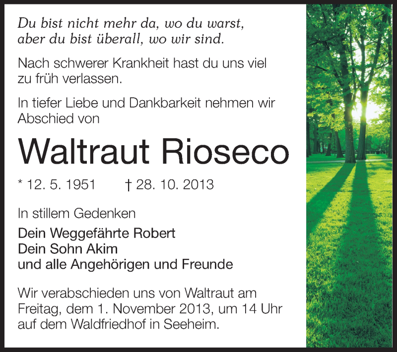  Traueranzeige für Waltraut Rioseco vom 31.10.2013 aus Echo-Zeitungen (Gesamtausgabe)