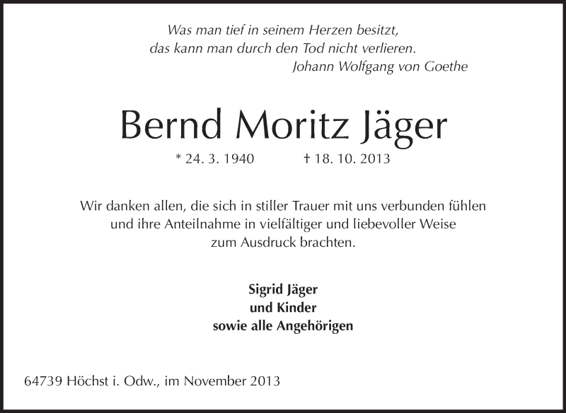  Traueranzeige für Bernd Moritz Jäger vom 02.11.2013 aus Odenwälder Echo