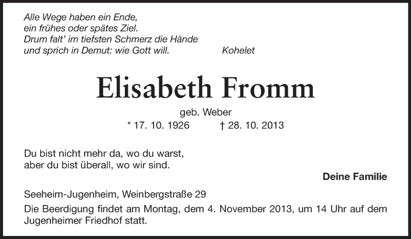  Traueranzeige für Elisabeth Fromm vom 31.10.2013 aus Echo-Zeitungen (Gesamtausgabe)