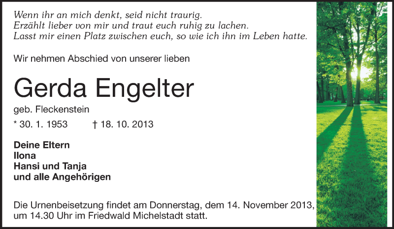  Traueranzeige für Gerda Engelter vom 11.11.2013 aus Odenwälder Echo