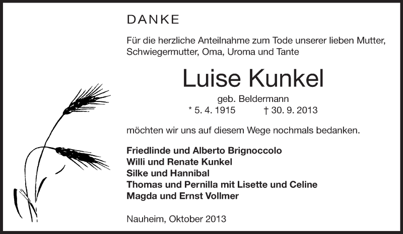  Traueranzeige für Luise Kunkel vom 01.11.2013 aus Rüsselsheimer Echo, Groß-Gerauer-Echo, Ried Echo