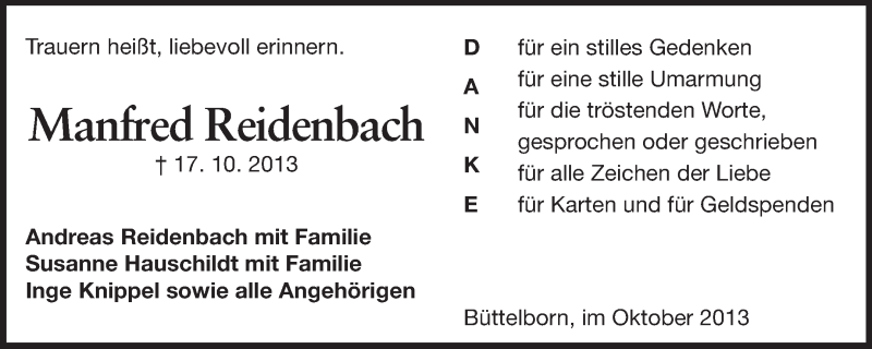  Traueranzeige für Manfred Reidenbach vom 01.11.2013 aus Rüsselsheimer Echo, Groß-Gerauer-Echo, Ried Echo