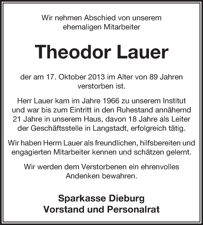  Traueranzeige für Theodor Lauer vom 01.11.2013 aus Echo-Zeitungen (Gesamtausgabe)