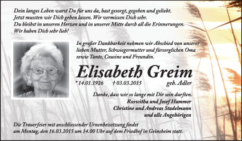 Traueranzeige von Elisabeth Greim von Rüsselsheimer Echo, Groß-Gerauer-Echo, Ried Echo