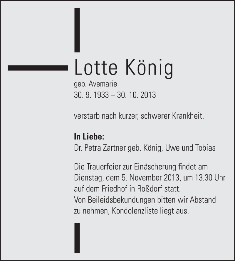  Traueranzeige für Lotte König vom 02.11.2013 aus Darmstädter Echo, Odenwälder Echo, Rüsselsheimer Echo, Groß-Gerauer-Echo, Ried Echo