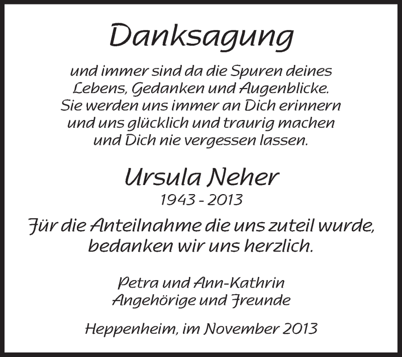  Traueranzeige für Ursula Neher vom 08.11.2013 aus Starkenburger Echo