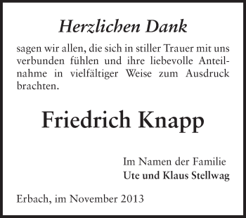 Traueranzeige von Friedrich Knapp von Odenwälder Echo