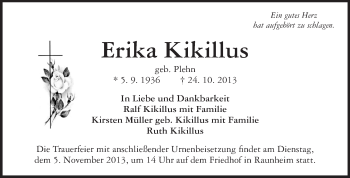 Traueranzeige von Erika Kikillus von Rüsselsheimer Echo, Groß-Gerauer-Echo, Ried Echo