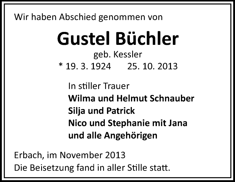  Traueranzeige für Gustel Büchler vom 06.11.2013 aus Odenwälder Echo