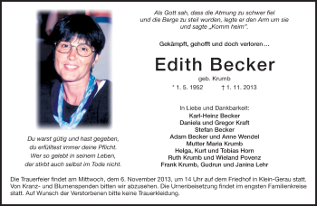 Traueranzeige von Edith Becker von Rüsselsheimer Echo, Groß-Gerauer-Echo, Ried Echo