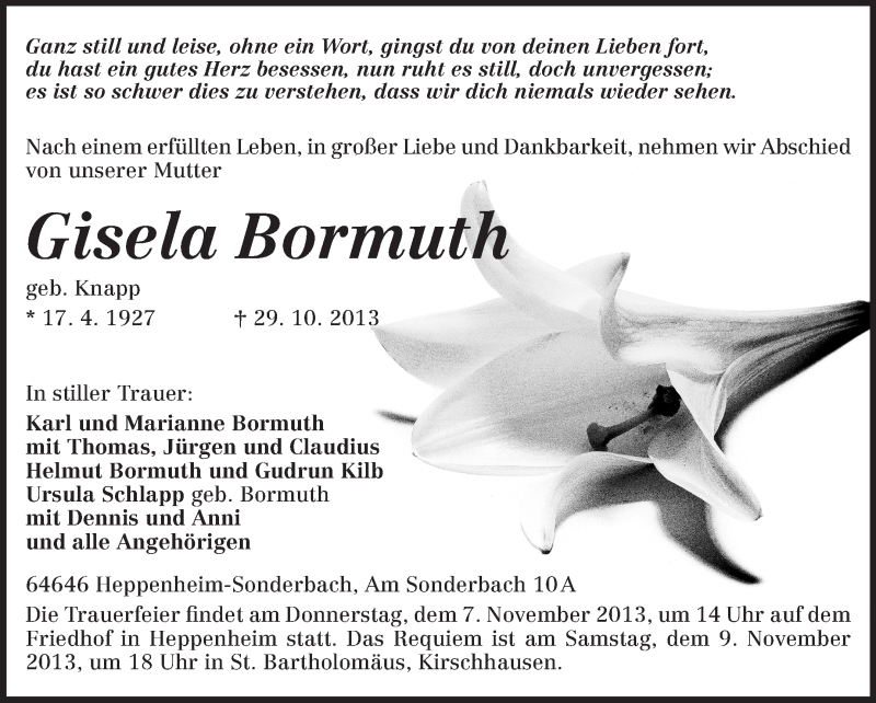  Traueranzeige für Gisela Bormuth vom 04.11.2013 aus Starkenburger Echo