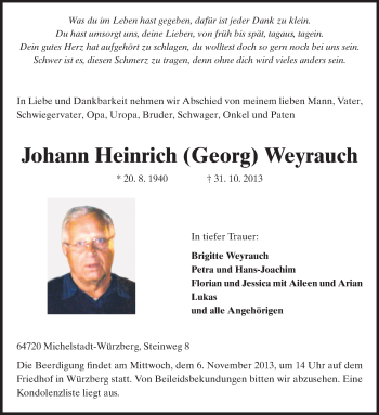 Traueranzeige von Johann Heinrich Georg Weyrauch von Odenwälder Echo