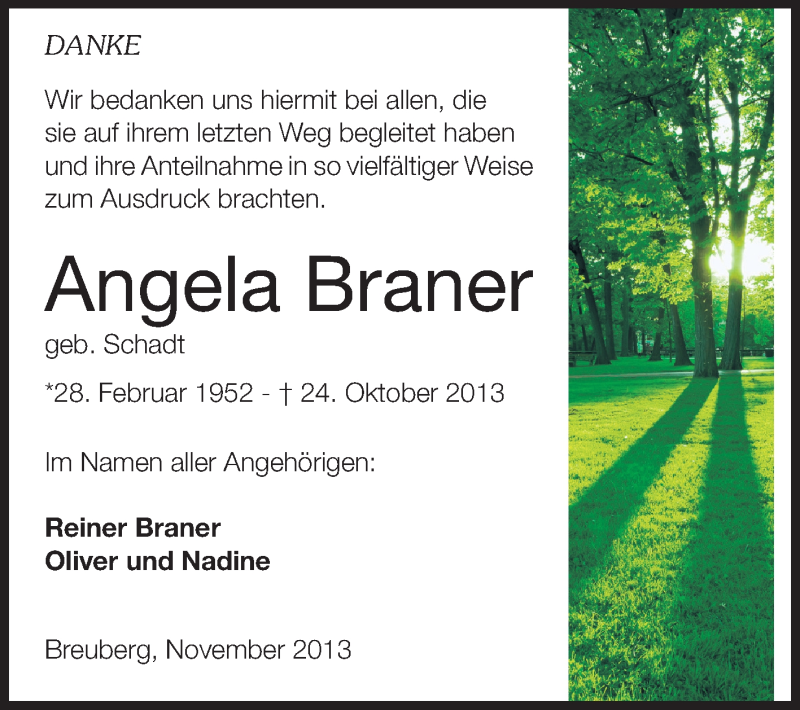  Traueranzeige für Angela Braner vom 05.11.2013 aus Odenwälder Echo