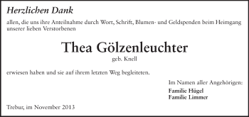 Traueranzeige von Thea Gölzenleuchter von Rüsselsheimer Echo, Groß-Gerauer-Echo, Ried Echo