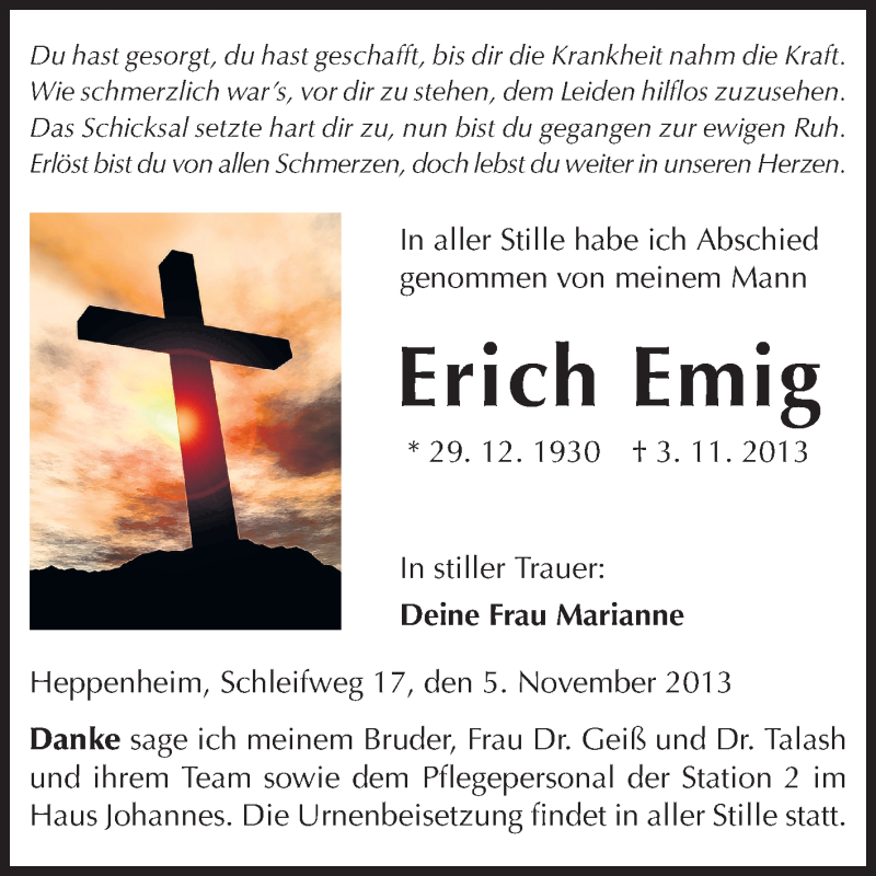  Traueranzeige für Erich Emig vom 05.11.2013 aus Starkenburger Echo