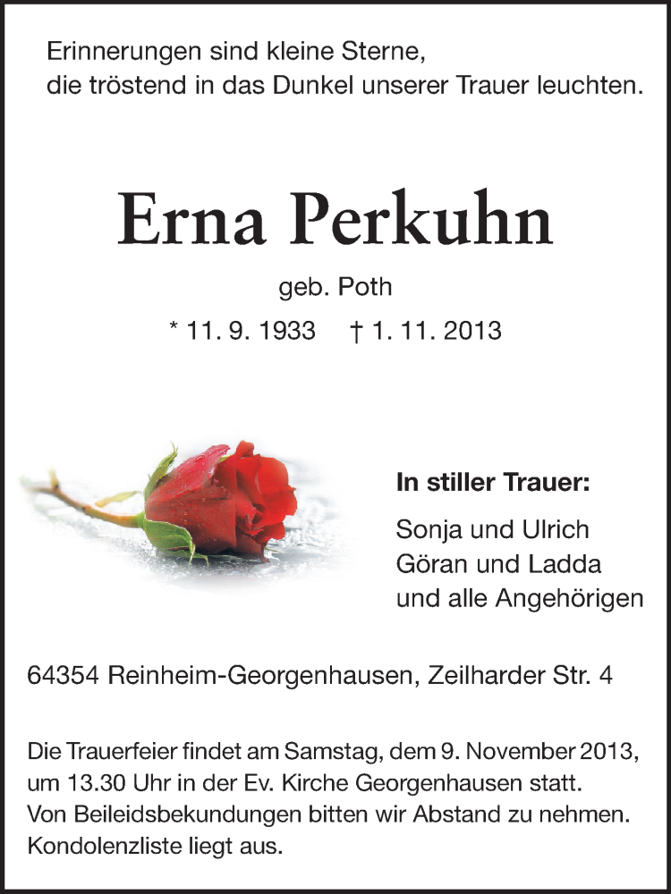  Traueranzeige für Erna Perkuhn vom 05.11.2013 aus Echo-Zeitungen (Gesamtausgabe)