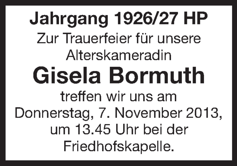  Traueranzeige für Gisela Bormuth vom 05.11.2013 aus Starkenburger Echo