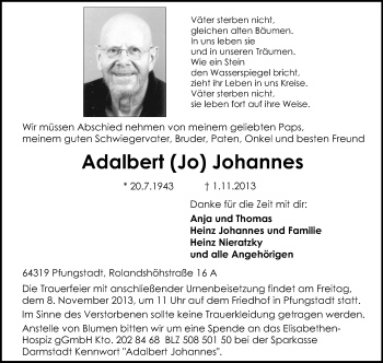 Traueranzeige von Adalbert Johannes von Echo-Zeitungen (Gesamtausgabe)