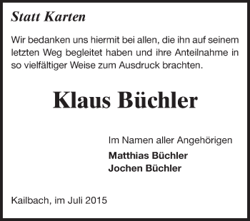 Traueranzeige von Klaus Büchler von Odenwälder Echo