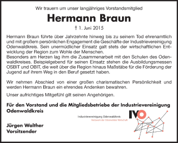 Traueranzeige von Hermann Braun von Odenwälder Echo