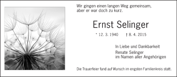Traueranzeige von Ernst Selinger von Echo-Zeitungen (Gesamtausgabe)