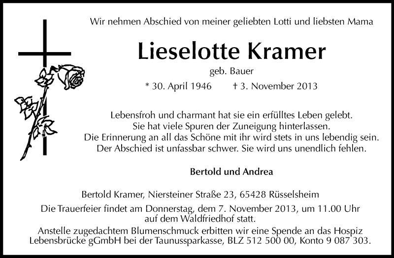  Traueranzeige für Lieselotte Kramer vom 05.11.2013 aus Rüsselsheimer Echo, Groß-Gerauer-Echo, Ried Echo