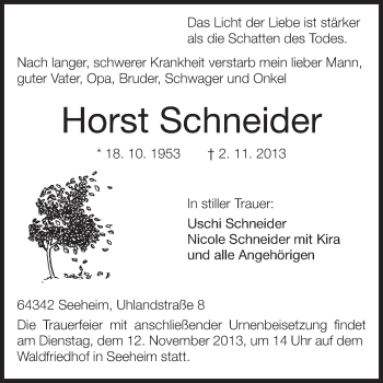 Traueranzeige von Horst Schneider von Echo-Zeitungen (Gesamtausgabe)
