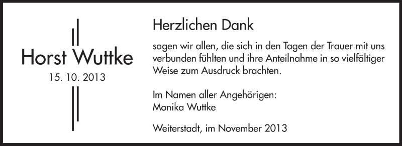  Traueranzeige für Horst Wuttke vom 09.11.2013 aus Echo-Zeitungen (Gesamtausgabe)