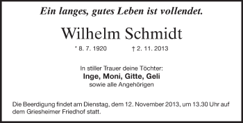 Traueranzeige von Wilhelm Schmidt von Echo-Zeitungen (Gesamtausgabe)