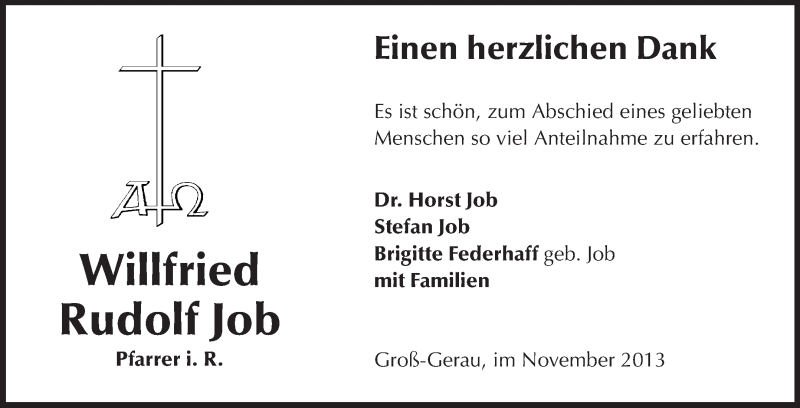  Traueranzeige für Willfried Rudolf Job vom 09.11.2013 aus Rüsselsheimer Echo, Groß-Gerauer-Echo, Ried Echo