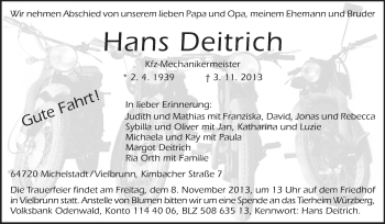 Traueranzeige von Hans Deitrich von Odenwälder Echo