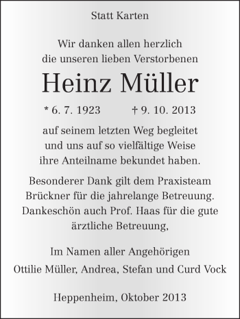 Traueranzeige von Heinz Müller von Starkenburger Echo