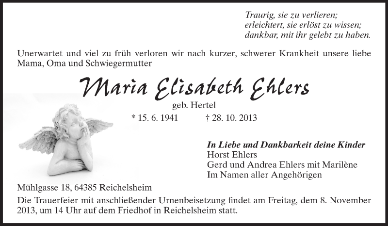  Traueranzeige für Maria Elisabeth Ehlers vom 06.11.2013 aus Odenwälder Echo