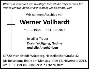 Traueranzeige von Werner Vollhardt von Odenwälder Echo