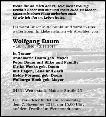 Traueranzeige von Wolfgang Daum von Echo-Zeitungen (Gesamtausgabe)