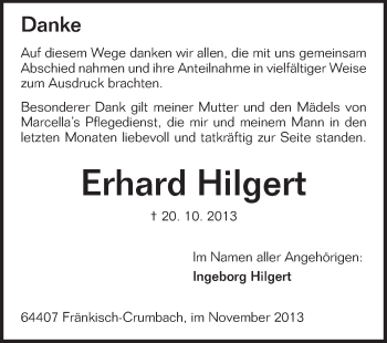 Traueranzeige von Erhard Hilgert von Odenwälder Echo