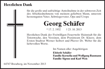 Traueranzeige von Georg Schäfer von Odenwälder Echo