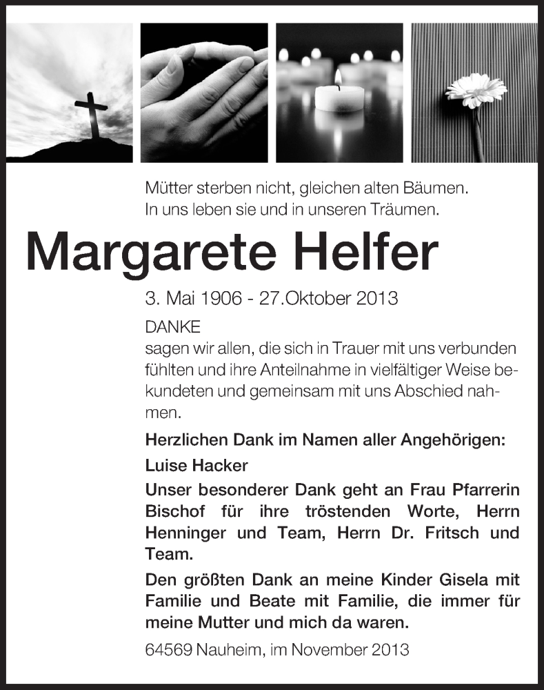  Traueranzeige für Margarete Helfer vom 08.11.2013 aus Rüsselsheimer Echo, Groß-Gerauer-Echo, Ried Echo