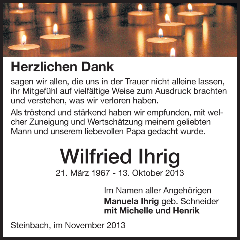  Traueranzeige für Wilfried Ihrig vom 16.11.2013 aus Odenwälder Echo