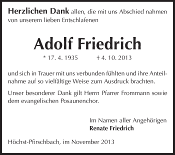 Traueranzeige von Adolf Friedrich von Odenwälder Echo