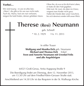 Traueranzeige von Therese Neumann von Rüsselsheimer Echo, Groß-Gerauer-Echo, Ried Echo