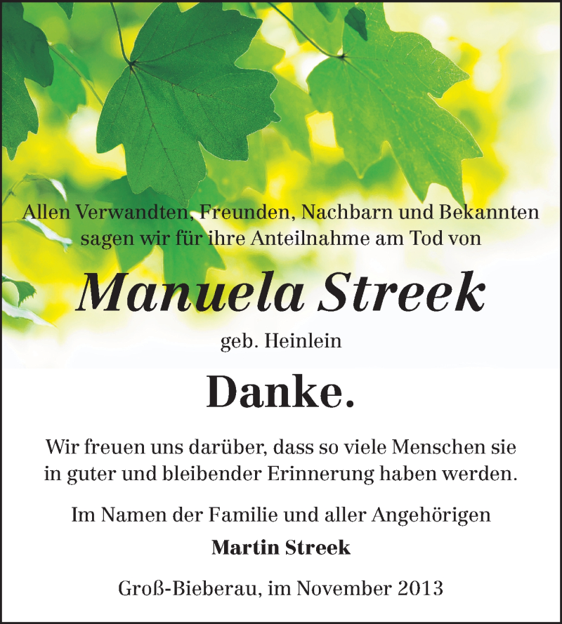  Traueranzeige für Manuela Streek vom 09.11.2013 aus Echo-Zeitungen (Gesamtausgabe)