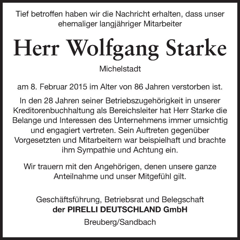  Traueranzeige für Wolfgang Starke vom 24.02.2015 aus Odenwälder Echo
