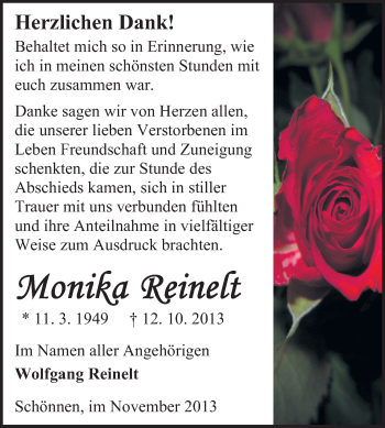 Traueranzeige von Monika Reinelt von Odenwälder Echo